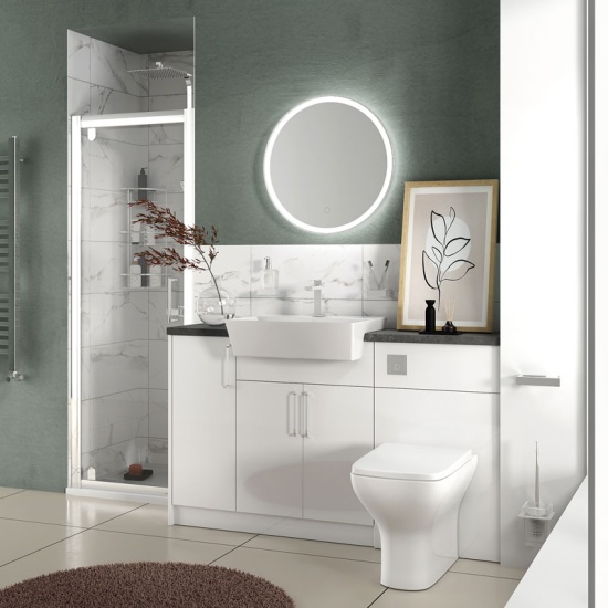 oliver white shower suite 1400 vanity with pivot door