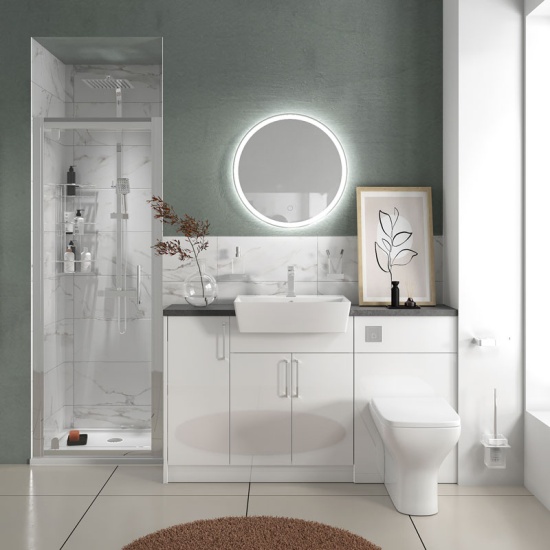 oliver white shower suite 1400 vanity with pivot door
