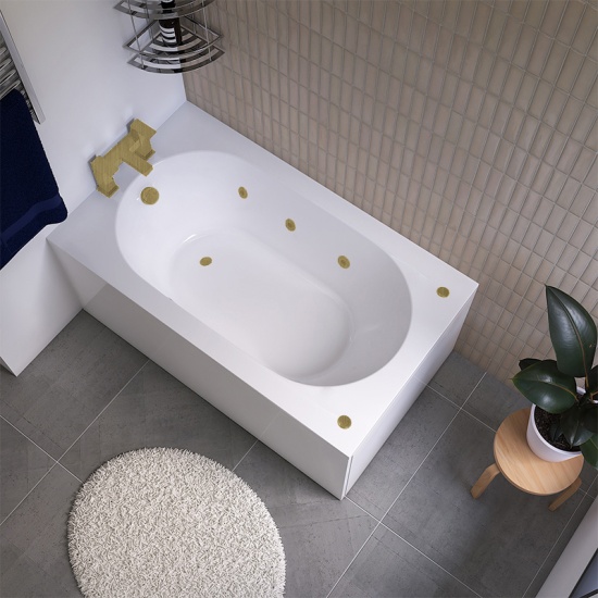 petite 1200 x 700 straight hydro therapy bath with brushed brass jets