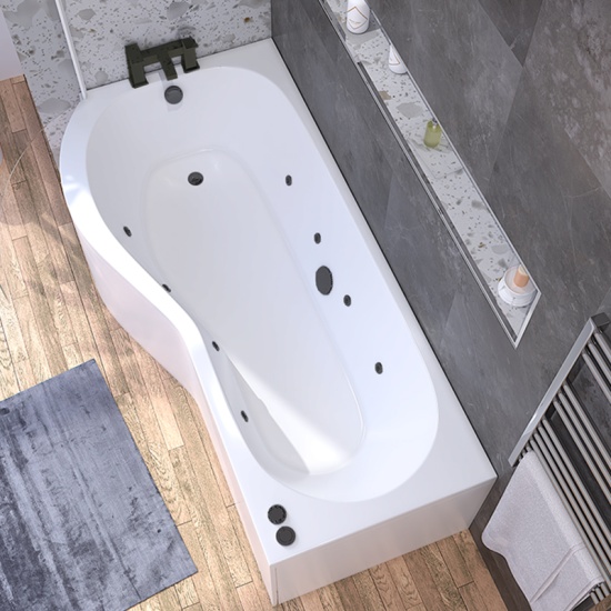 ethan 1700 left hand p shape whirlpool shower bath with 8 black jets
