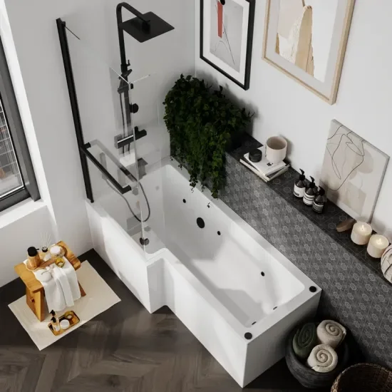 Laguna L Shaped Left Hand Bath with Black Whirlpool Jets
