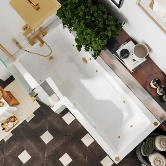 Laguna L Shape Left Brushed 4 Product Image for Laguna Brushed Brass Whirlpool Shower Bath: L Shape, Left Hand, 8 Jets