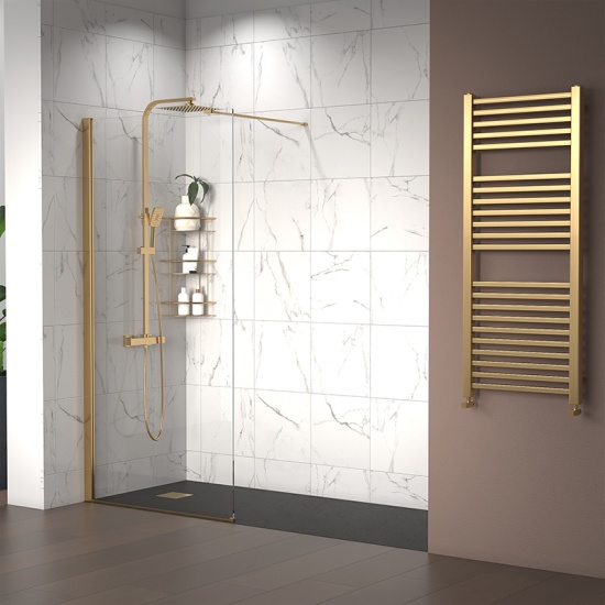radiant gold 2000 walkin recess shower enclosure slate tray black white