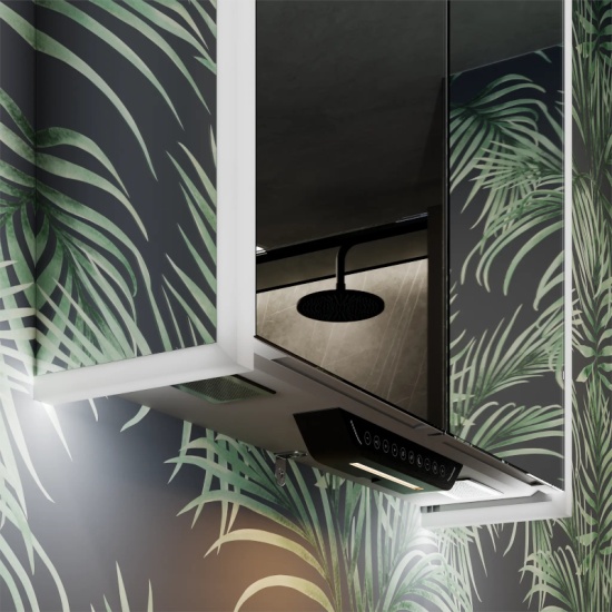 Luka Illuminated Mirror Cabinet with Alexa Close Up Close up showing underside and controls of Luka LED Mirror Cabinet with Alexa
