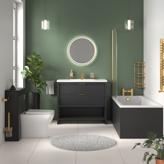 jasmine black 1000mm vanity unit with gold handles, btw toilet unit and 1700 & 1800mm bath