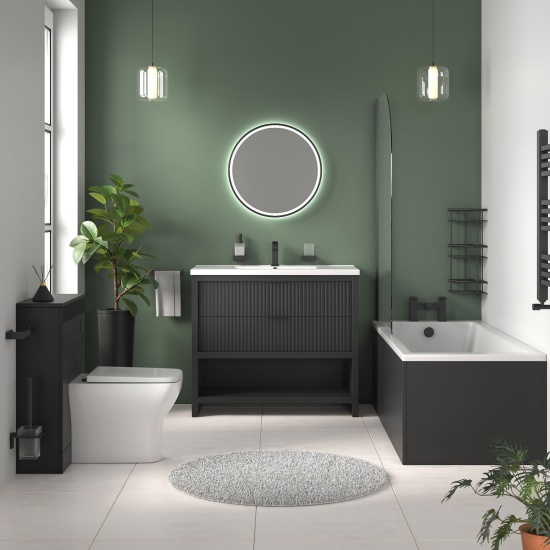 jasmine black 1000mm vanity unit with black handles, btw toilet unit and 1700 & 1800mm bath