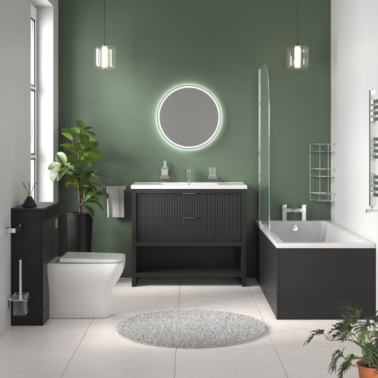 jasmine black 1000mm vanity unit with chrome handles, btw toilet unit and 1700 & 1800mm bath