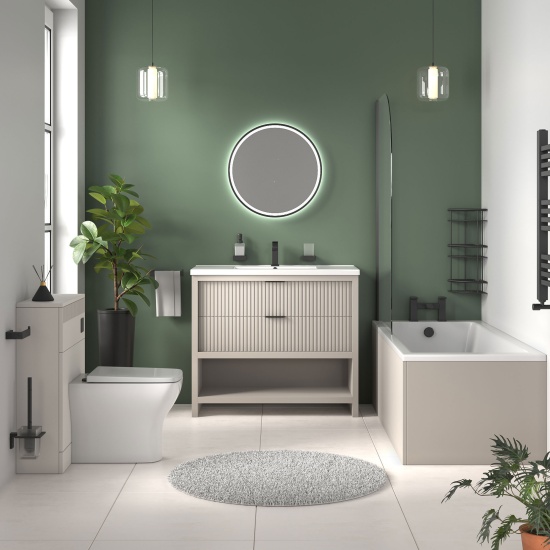 jasmine cashmere 1000mm vanity unit with black handles, btw toilet unit and 1700 & 1800mm bath