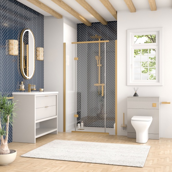 jasmine recessed shower suite with cashmere 1000mm vanity unit wc toilet unit gold
