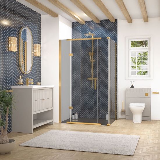 jasmine corner shower suite with cashmere 1000mm vanity unit wc toilet unit gold