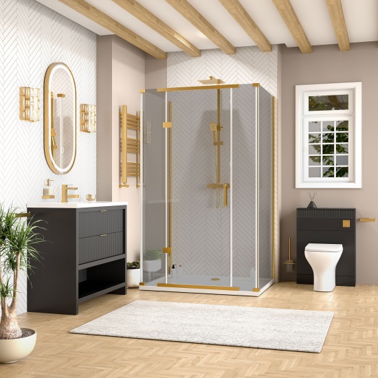 jasmine 3 sided shower suite with black 1000mm vanity unit wc toilet unit gold