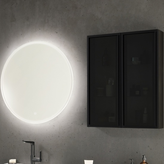Optional Mirror and Wall Cabinet for Laguna Platino 2 1600mm Vanity Unit Close-up of Optional Round Mirror and Black Glass Wall Cabinet