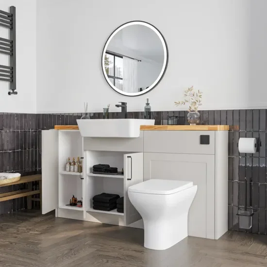 Side View of Oliver 1500 Cashmere Shaker Fitted Furniture Combination Vanity Unit with Black Handle & Oak Countertop