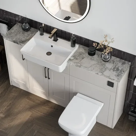 Top View of Oliver 1500 Cashmere Shaker Fitted Furniture Combination Vanity Unit with Black Handle & White Marble