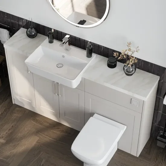 Top View of Oliver 1500 Cashmere Shaker Fitted Furniture Combination Vanity Unit with Chrome Handles & White Marble