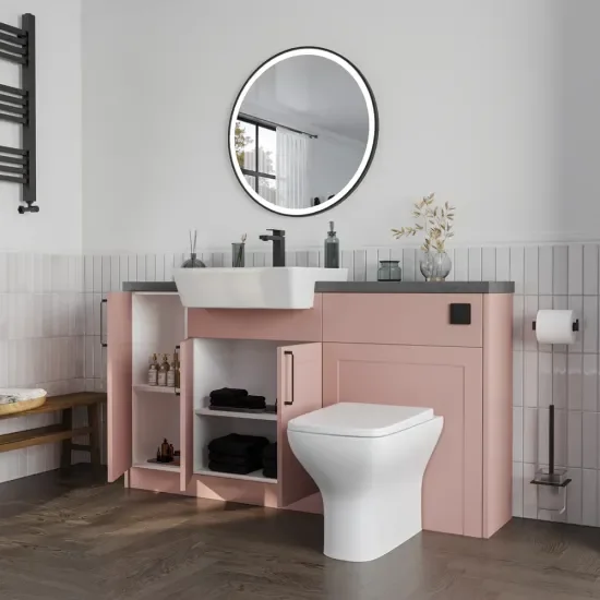 Side View with Open Doors of Oliver 1500 Pink Shaker Fitted Furniture Combination Vanity Unit