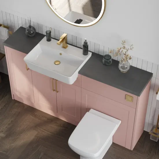 Top View of Oliver 1500 Pink Shaker Fitted Furniture Combination Vanity Unit with Gold Handles & Slate_Countertop