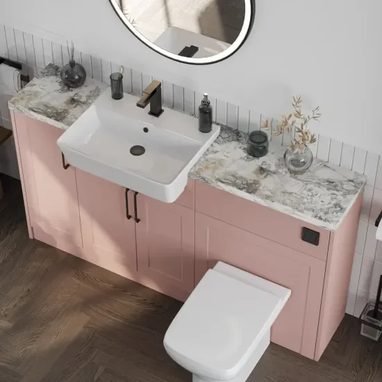 Top View of Oliver 1500 Pink Shaker Fitted Furniture Combination Vanity Unit with Black Handle & White Marble