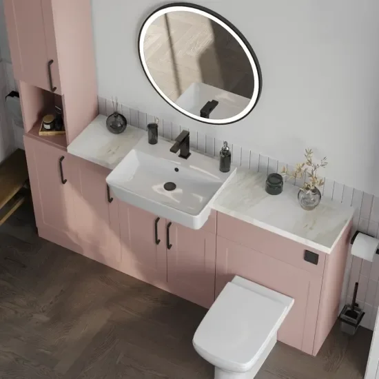 Oliver 3 2 white marble countertop black handle Product Image for Oliver 1700 Pink Shaker Fitted Furniture Combination Vanity Unit with Ceramic Basin 3