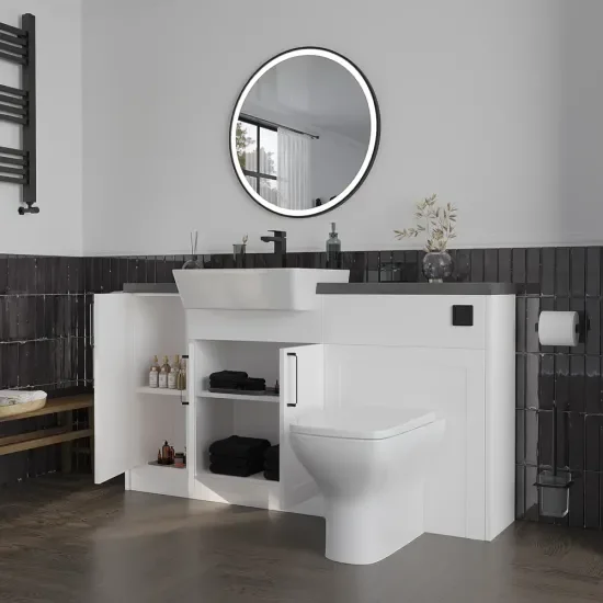 Side View with Open Doors of Oliver 1500 White Shaker Fitted Furniture Combination Vanity Unit