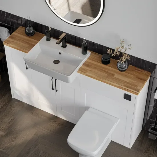 Top View of Oliver 1500 White Shaker Fitted Furniture Combination Vanity Unit with  & Oak Countertop