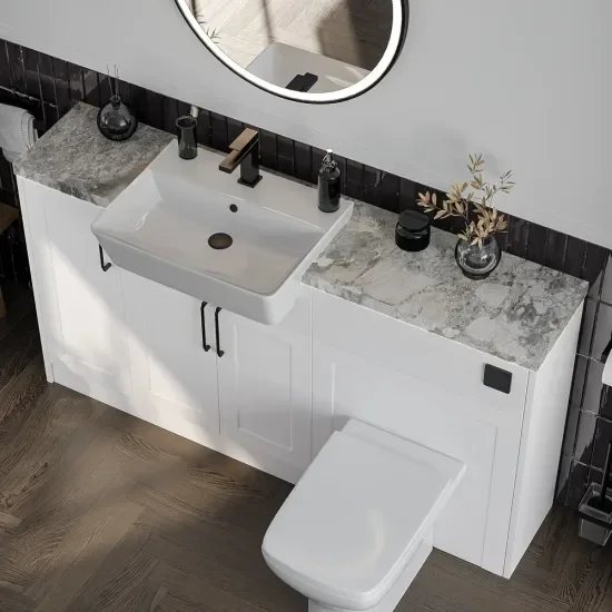 Top View of Oliver 1500 White Shaker Fitted Furniture Combination Vanity Unit with  & White Marble