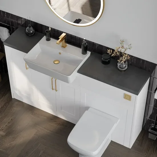 Top View of Oliver 1500 White Shaker Fitted Furniture Combination Vanity Unit with Gold Handles & Slate_Countertop