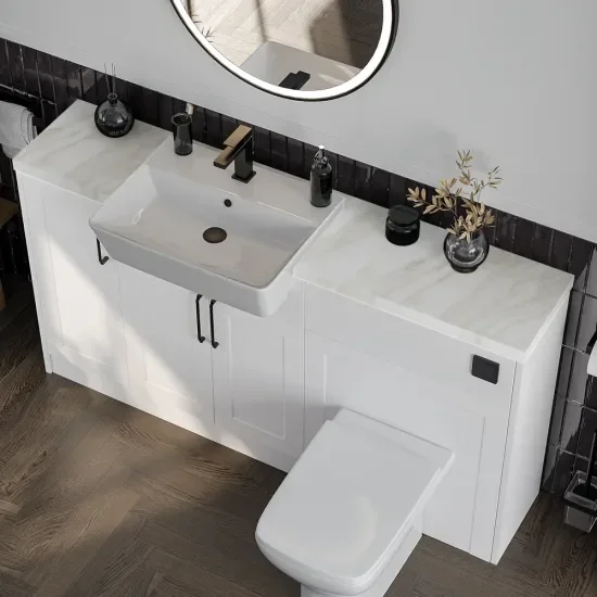 Top View of Oliver 1500 White Shaker Fitted Furniture Combination Vanity Unit with Black Handle & White Marble
