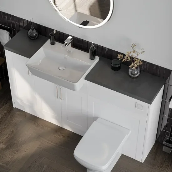 Top View of Oliver 1500 White Shaker Fitted Furniture Combination Vanity Unit with Chrome Handles & Slate_Countertop
