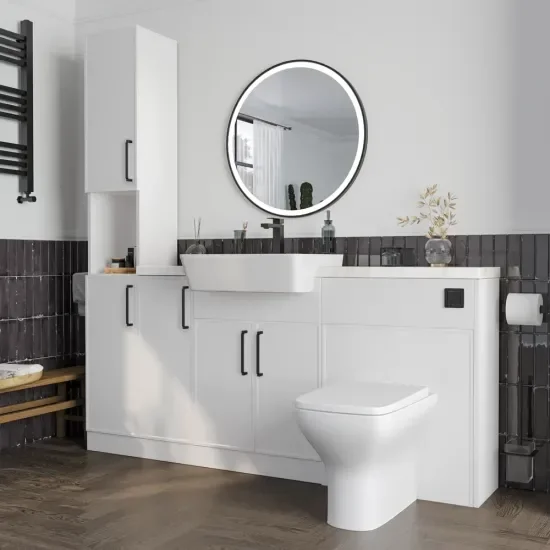 Oliver 2 white marble countertop black handle Product Image for Oliver 1600 White Shaker Fitted Furniture Combination Vanity Unit with Ceramic Basin 5