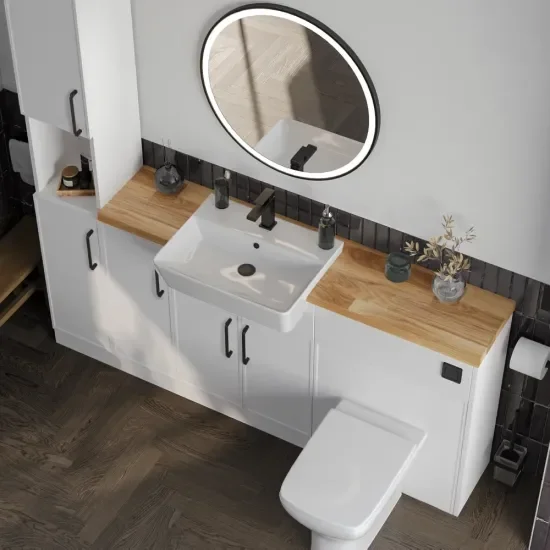 Oliver 3 2 solid oak countertop black handle Product Image for Oliver 1600 White Shaker Fitted Furniture Combination Vanity Unit with Ceramic Basin 4