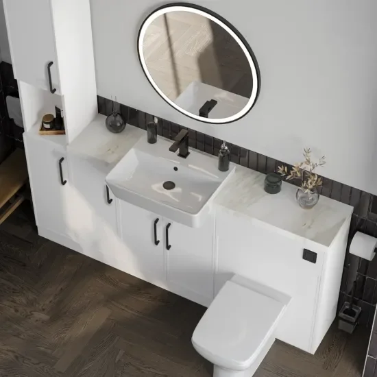 Oliver 3 3 white marble countertop black handle Product Image for Oliver 1600 White Shaker Fitted Furniture Combination Vanity Unit with Ceramic Basin 3