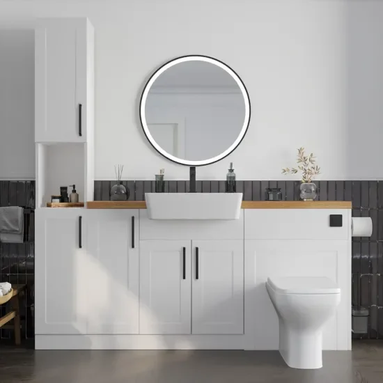 Oliver 1 solid oak countertop black handle Product Image for Oliver 1700 White Shaker Fitted Furniture Combination Vanity Unit with Ceramic Basin 9
