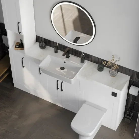 Oliver 3 2 white marble countertop black handle Product Image for Oliver 1700 White Shaker Fitted Furniture Combination Vanity Unit with Ceramic Basin 4