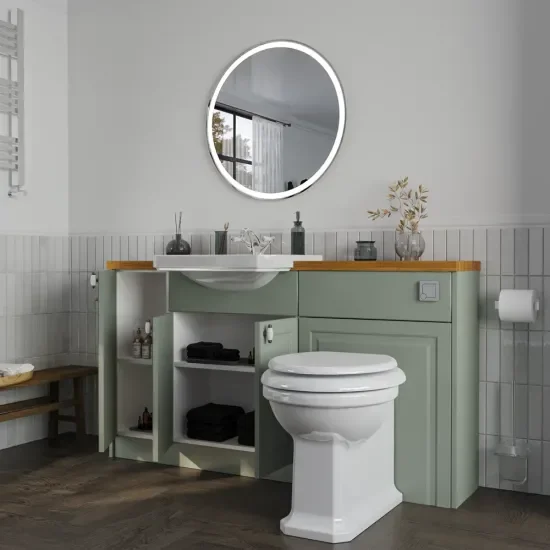 Side View with Open Doors of Oliver 1500 Sage Green Shaker Fitted Furniture Combination Vanity Unit