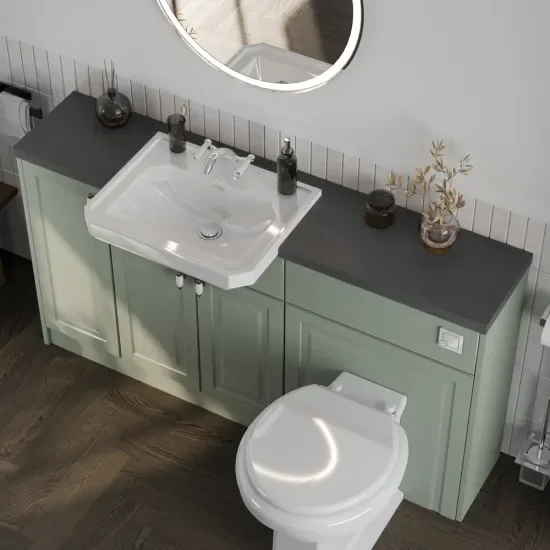 Top View of Oliver 1500 Sage Green Shaker Fitted Furniture Combination Vanity Unit with  & Slate_Countertop