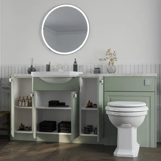 Side View with Open Doors of Oliver 1800 Sage Green Shaker Fitted Furniture Combination Vanity Unit