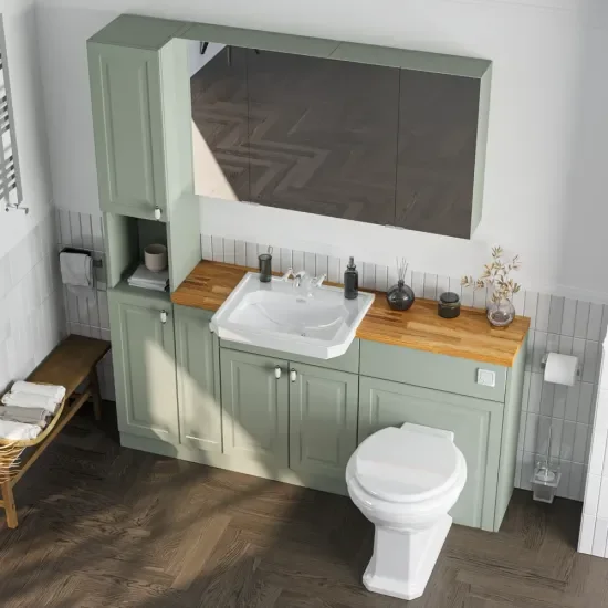 Top View of Oliver 1700 Sage Green Shaker Fitted Furniture Combination Vanity Unit with  & Oak Countertop