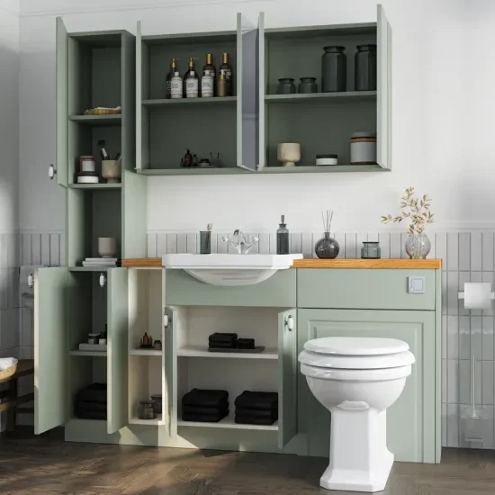 Side View with Open Doors of Oliver 1700 Sage Green Shaker Fitted Furniture Combination Vanity Unit with  & Oak Countertop