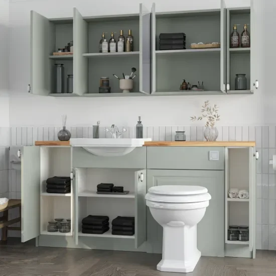 Side View with Open Doors of Oliver 1700 Sage Green Shaker Fitted Furniture Combination Vanity Unit