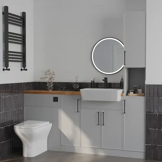 Oliver 9 solid oak countertop black handle Product Image for Oliver Dust Grey 1700 Slim Shaker Fitted Furniture Combination Vanity Unit with Ceramic Basin 1