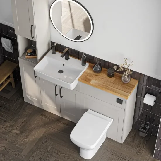 Oliver 3 H solid oak countertop black handle Product Image for Oliver 1500 Cashmere Shaker Fitted Furniture Combination Vanity Unit with Ceramic Basin 3