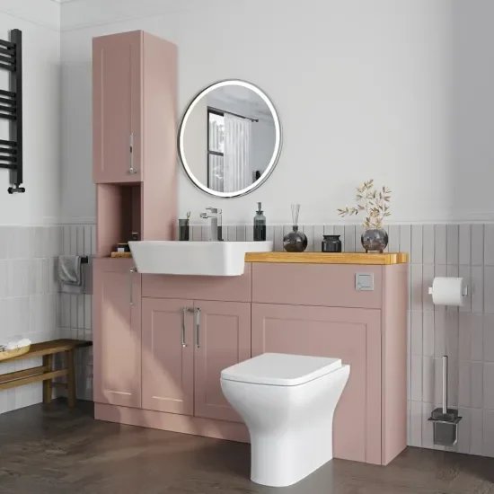 Oliver 2 H Chrome solid oak countertop chrome handle Product Image for Oliver 1500 Pink Shaker Fitted Furniture Combination Vanity Unit with Ceramic Basin 4