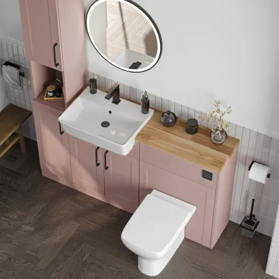 Oliver 3 H black solid oak countertop black handle Product Image for Oliver 1500 Pink Shaker Fitted Furniture Combination Vanity Unit with Ceramic Basin 1