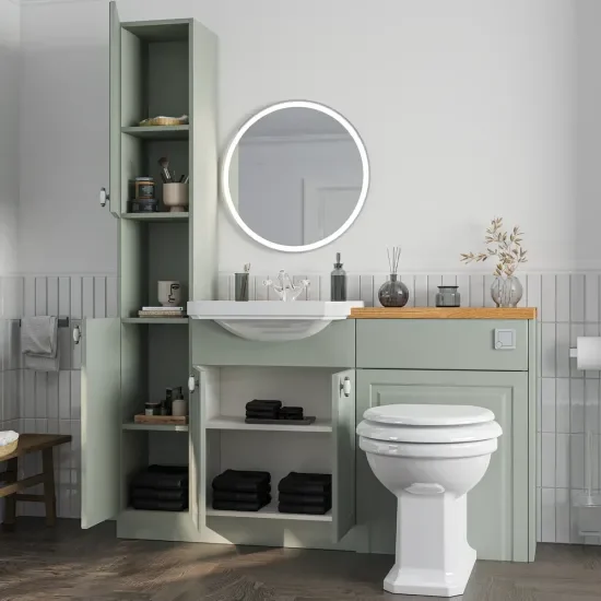 Side View with Open Doors of Oliver 1500 Sage Green Shaker Fitted Furniture Combination Vanity Unit
