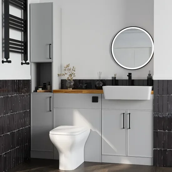 Oliver 8 solid oak countertop black handle Product Image for Oliver Dust Grey 1500 Slim Shaker Fitted Furniture Combination Vanity Unit with Ceramic Basin 1