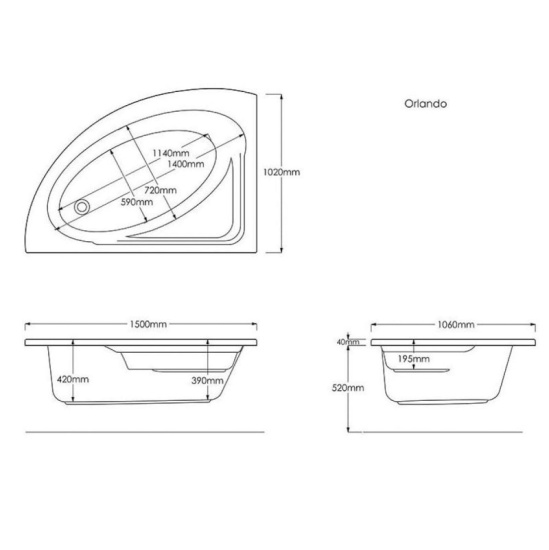 Orlando Corner Bath Line Drawing with Dimensions Technical Drawing showing dimensions of Orlando Bath