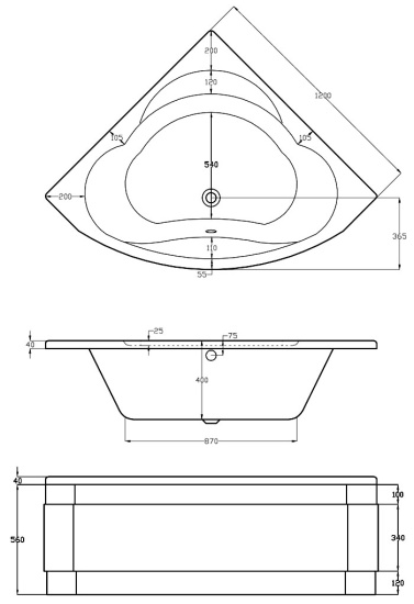 1200 corner bath diagram Diagram drawing of a white 1200 corner bath