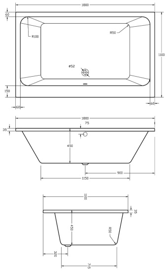 Vernwy Large Whirlpool Bath: Double Ended, 1800mm x 1100mm technical Image for Vernwy Large Whirlpool Bath Double Ended 1800mm x 1100mm