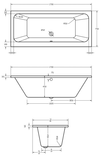 Vernwy Whirlpool Bath: Double Ended, 1700mm x 750mm Extra Product Image For 1700 X 750 Whirlpool Bath Double Ended 1
